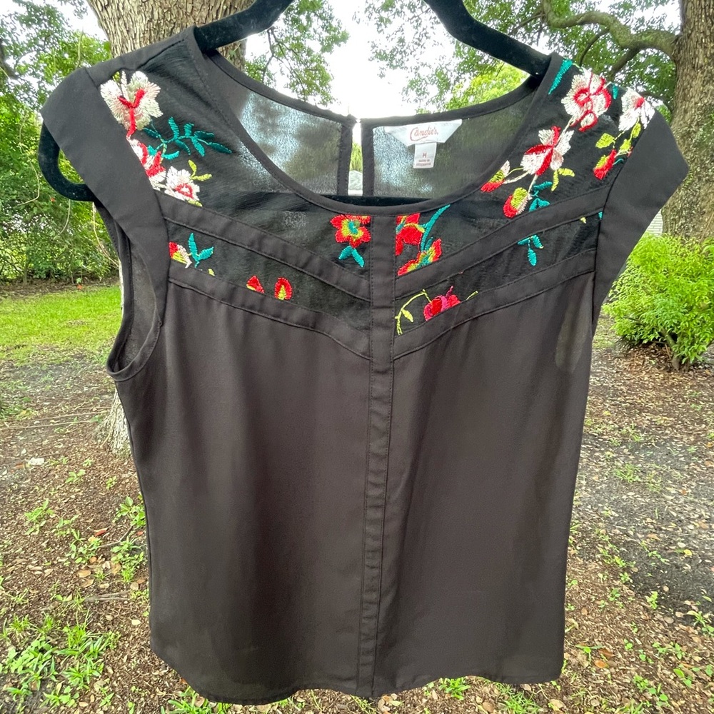 Candies, medium, sheer black blouse